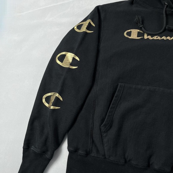 Champion Reverse Weave Hoodie Mens Medium Black Gold Logo‎ Sleeves Y2K - Picture 4 of 10